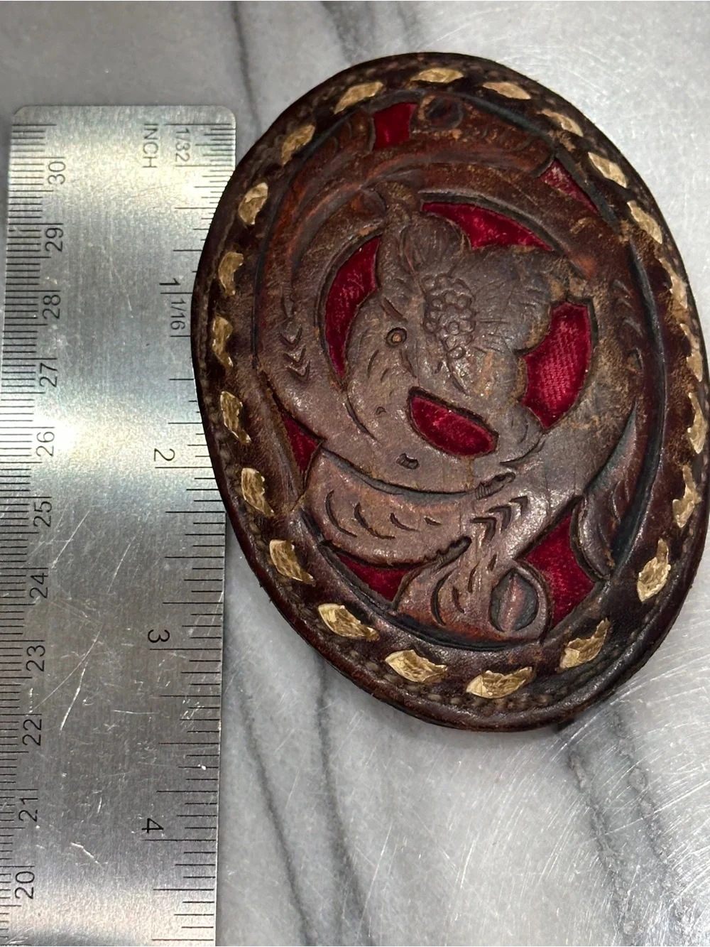 Circle Y Tooled Leather Belt Buckle Vintage Western Bird Red Velvet